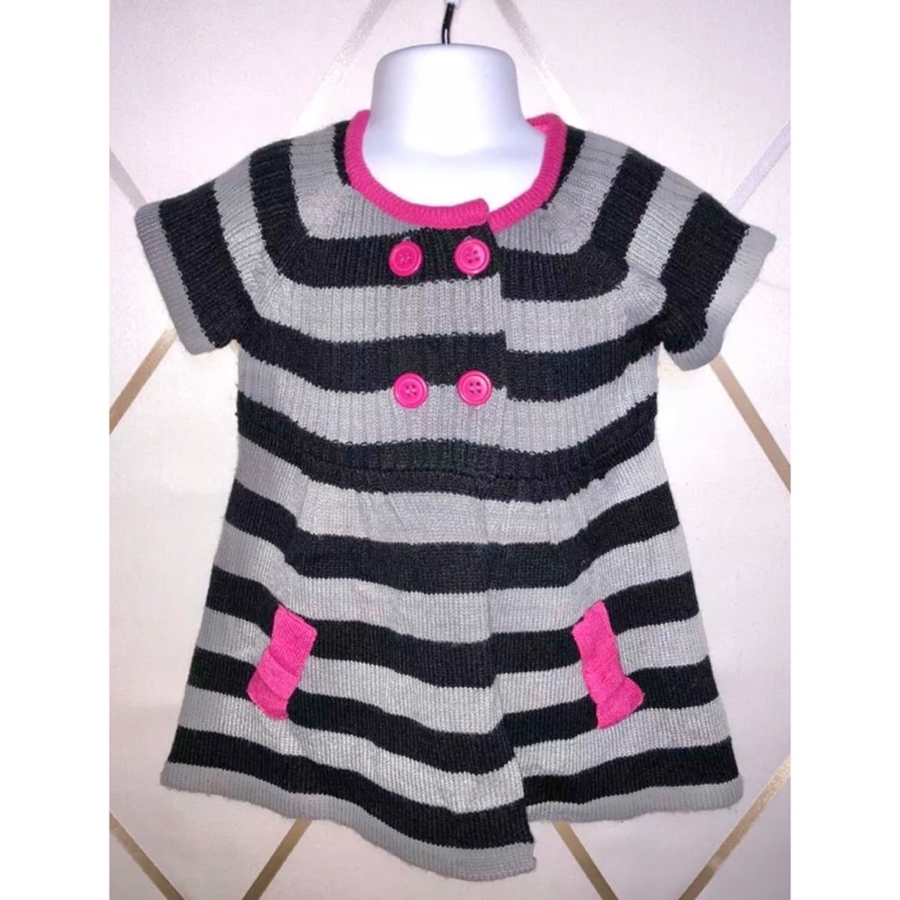 Girls Gray Black Pink Stripe Button Swing Sweater